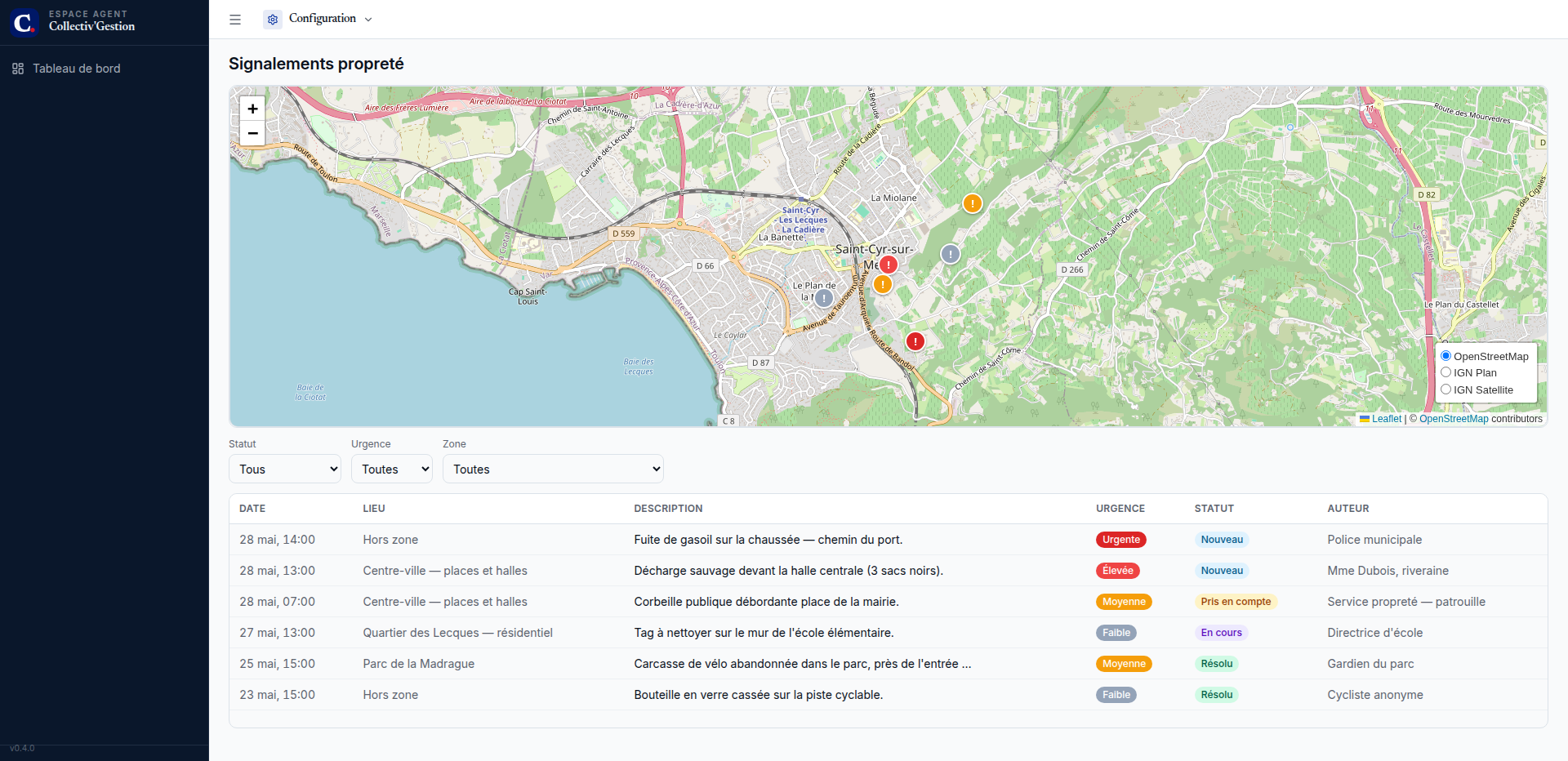 Aperçu — signalements de propreté géolocalisés sur carte